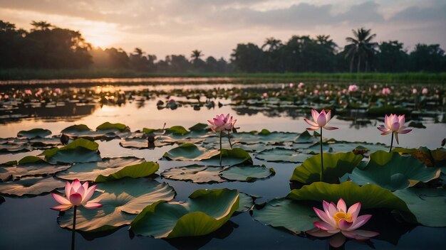 lirios de agua rosados en un estanque con una puesta de sol en el fondo