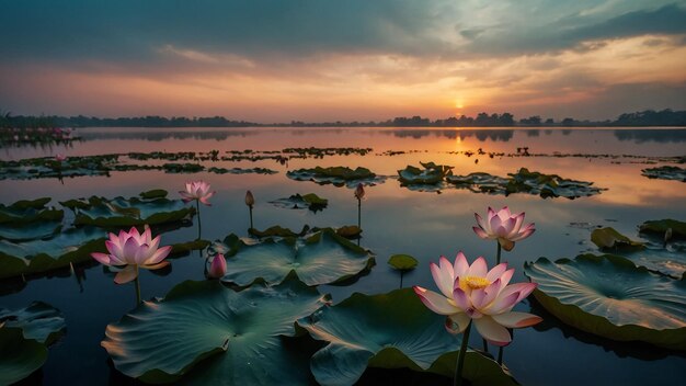 lirios de agua rosados en un estanque con el sol poniéndose detrás de ellos