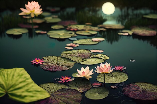 lirios de agua rosados y una luna llena en el fondo