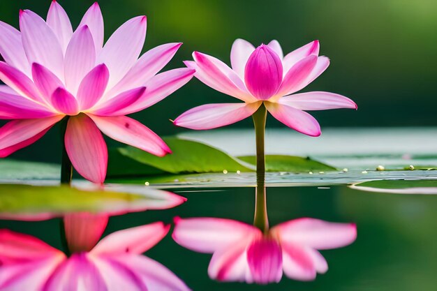 lirios de agua rosados con el reflejo de ellos en el agua