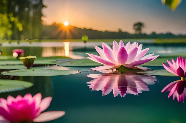 lirios de agua rosados con el sol poniéndose detrás de ellos