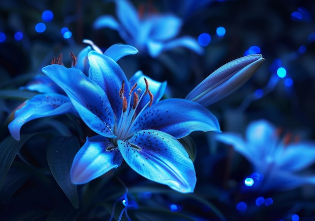 Lirios azules vibrantes con una iluminación suave
