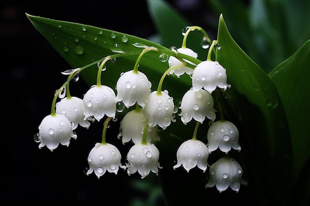 Lírios brancos translúcidos em flor do vale com gotas de água