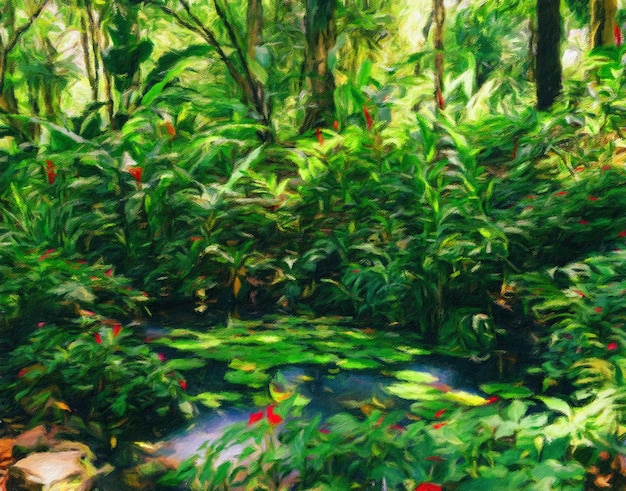 Lírios de água na floresta tropical brasileira Manipulação digital estilo Monet