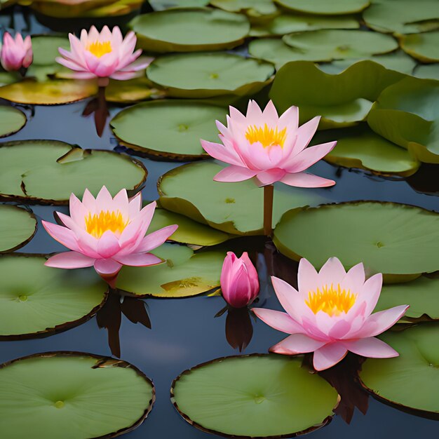 Lírios de água rosa em uma lagoa com folhas verdes e lírios de água cor-de-rosa
