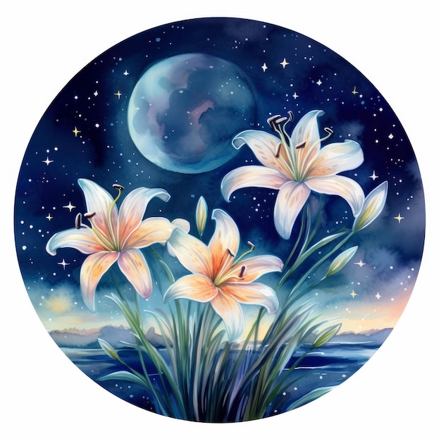 Lírios-fada aquarela florescendo sob um céu noturno estrelado em um fundo branco