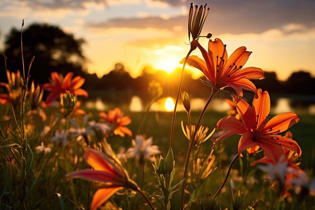 Lírios laranja no campo ao pôr do sol Bela paisagem de verão AI generativa