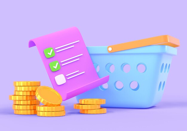 Lista de compras 3D para la tienda Lista de verificación con marcas de verificación verdes comprar cesta y dinero sobre fondo púrpura Lista de deseos con monedas de oro apiladas para ordenar comestibles en línea Ilustración de renderizado 3d de dibujos animados