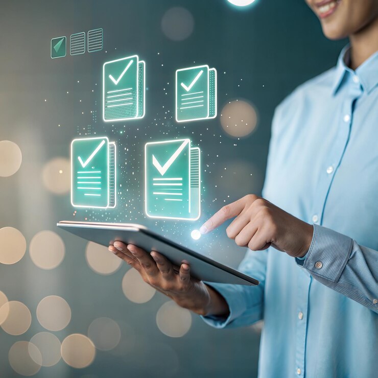 Lista de comprobación digital en tableta con marcas de comprobación brillantes y mujer de negocios en fondo borroso