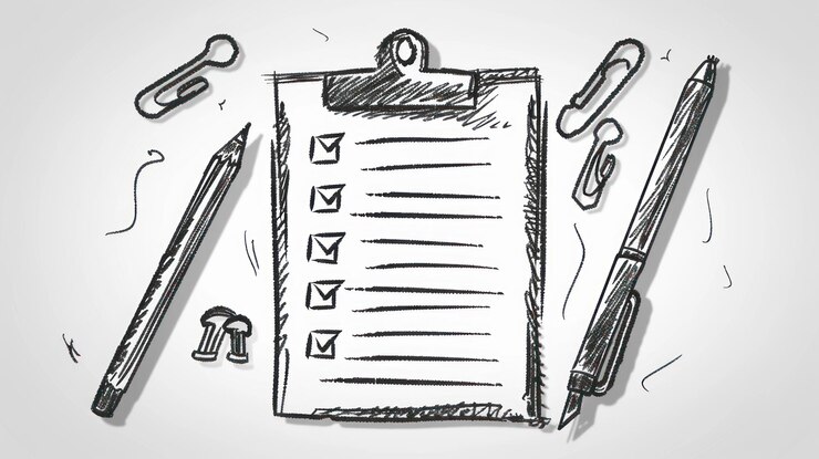 Lista de comprobación en el portapapeles lápiz y pluma en el escritorio con papelería para la elaboración de listas de gestión de tareas