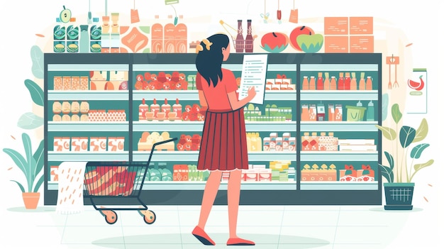 Lista de compras na mercearia Cliente feminina com plano de papel no departamento de frutas do supermercado Comprador escolhendo itens alimentares Ilustração moderna plana