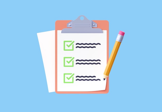 Lista de verificação d renderizar ícone de verificação de questionário de papel com prancheta de documentos e nota de teste de formulário de pesquisa