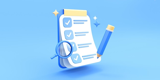 lista de verificação no bloco de notas em fundo azul renderização 3d