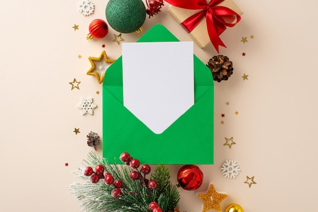 La lista de deseos para Papá Noel ocupa el centro del escenario en esta foto de la vista superior completa con adornos de cajas de regalos, ramas de pino heladas, bayas de acebo, velas, todo en un fondo beige suave con espacio de texto.
