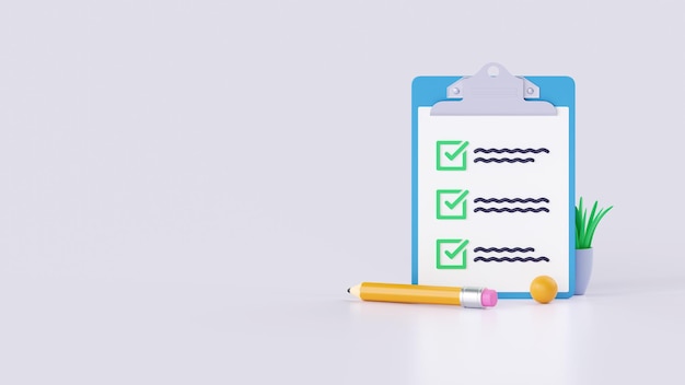 Lista de verificación render d lista de verificación de tareas del portapapeles de papel y tablero de clip de notas de examen de lápiz de oficina para pa web