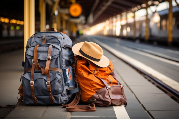 Listo para la aventura en la estación de tren con mochila, sombrero, mapa y equipo tecnológico.