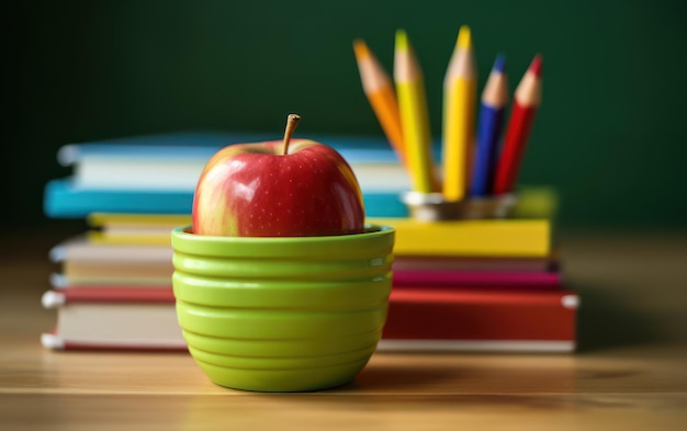 Foto listo para el fondo de concepto de la escuela con libros lápices y accesorios ia generativa