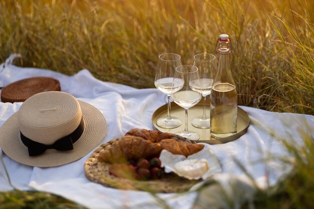 Listo para un picnic francés romántico en la naturaleza