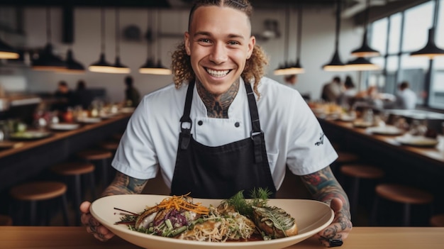 Listo para servir joven chef sonriente con tatuajes