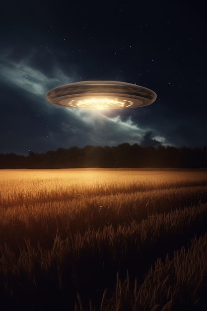 Lit ufo, das nachts über dem Feld schwebt, erstellt mit generativer KI-Technologie