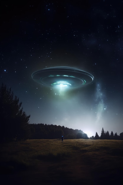 Lit ufo flotando por encima del hombre en el campo por la noche creado utilizando tecnología de IA generativa