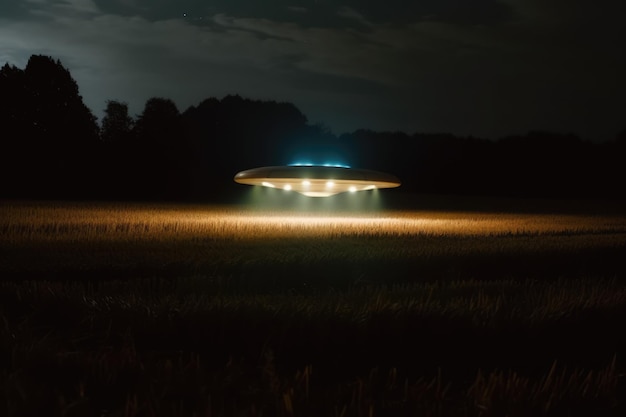 Lit ufo pairando acima do campo à noite criado usando tecnologia de IA generativa