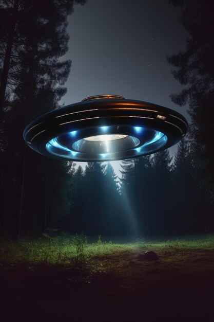 Lit ufo pairando acima do campo à noite criado usando tecnologia de IA generativa