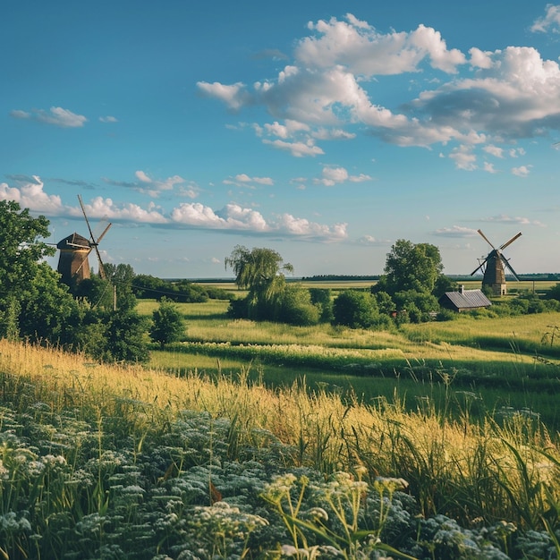 Litauische Sommerlandschaft mit Windmühlen und Grasfeldern