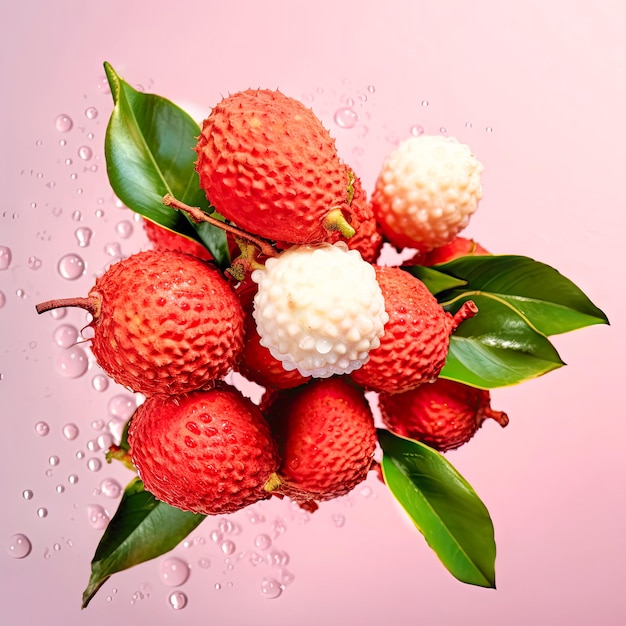 Foto litchi y litchis descascarados cubos de hielo salpicando jugo