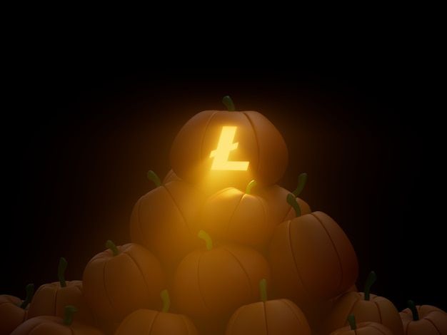 Lite Carved Pumpkin Stack Pile Crypto Moeda Ilustração 3D Render Iluminação Escura