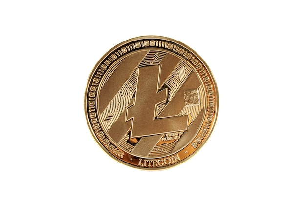 Litecoin criptomoneda digital aislado sobre fondo blanco.