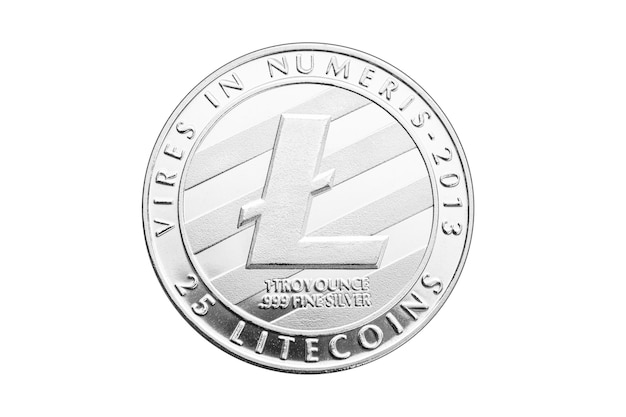 Litecoin plata aislado sobre fondo blanco.