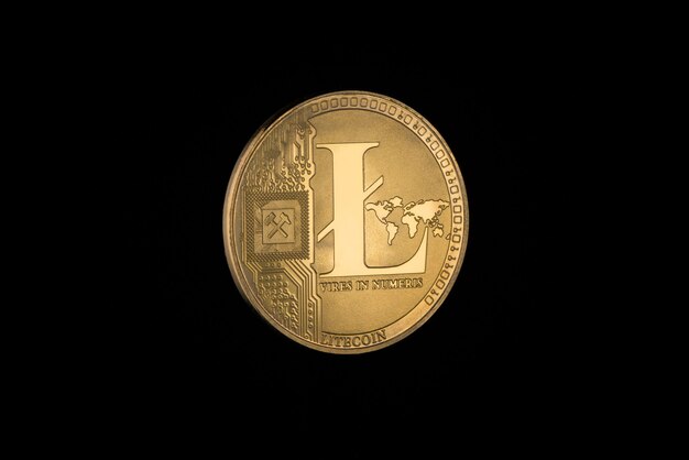 Litecoin sobre fondo negro con espacio de copia. dinero electronico aislado