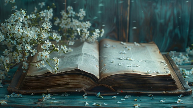 Literatura de fantasía Cubierta de libro vintage con páginas abiertas y decoración floral