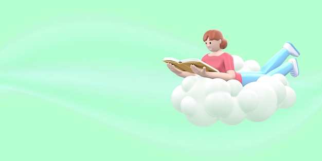 Literaturfan ein junges Mädchen am Himmel auf einer Wolke liest ein Buch. 3D-Rendering.