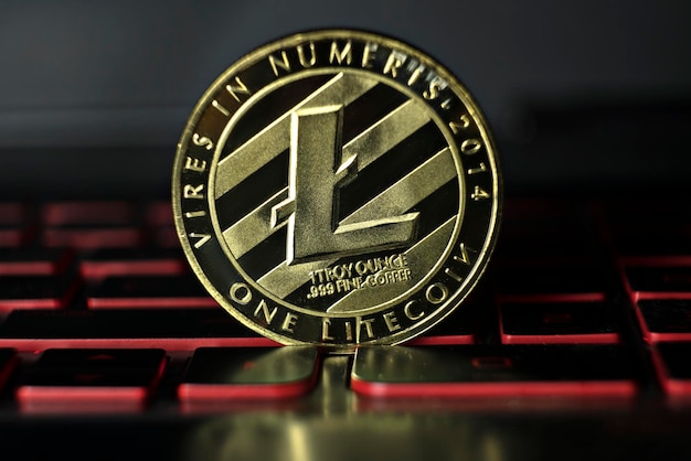 Litetcoin crypto coin en el fondo del teclado del portátil