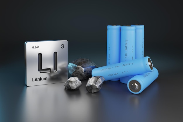 Lithium-Ionen-Batterien metallisches Lithium und Elementsymbol 3D-Darstellung