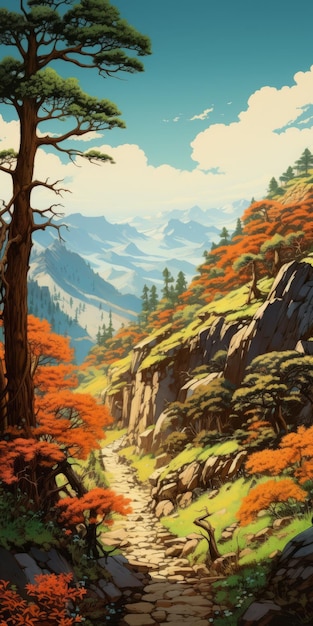 Foto litográfica en negrita anime fondo turquesa y montaña naranja con árboles