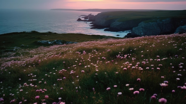 Litoral coberto de flores cor de rosa à beira-mar Generaitve AI