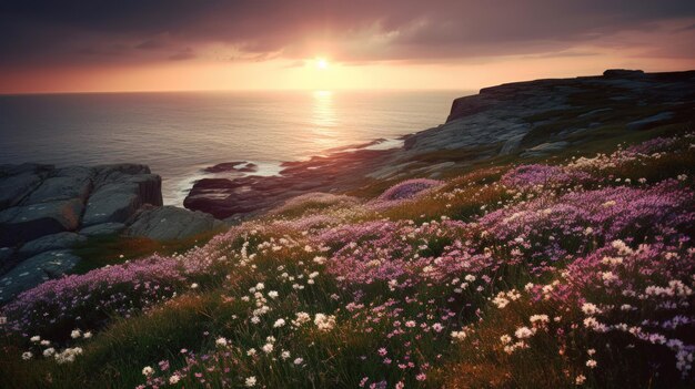 Litoral coberto de flores cor de rosa à beira-mar Generaitve AI