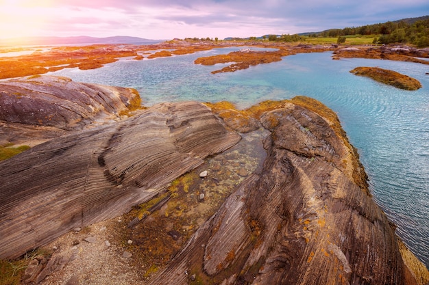 Litoral rochoso Textura rochosa costa de pedra Vista de um fiorde Noruega Europa