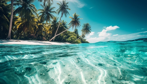 Foto litoral tropical idílico, águas turquesa, palmeiras e beleza subaquática gerada por ia