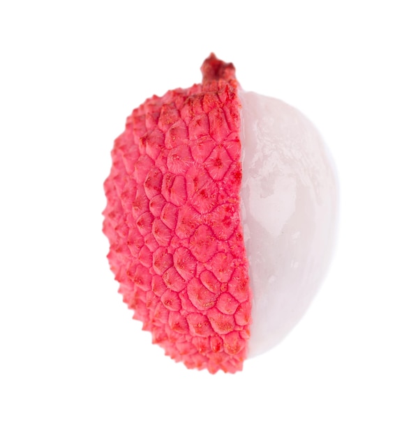 Litschi-Frucht isoliert auf weißem Hintergrund Tropische exotische frische reife Frucht Litchi chinensis Beschneidungspfad Ansicht von oben