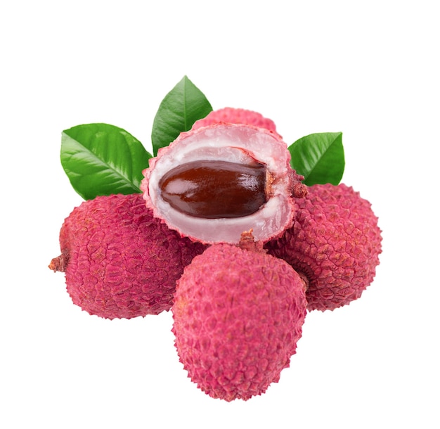 Litschi-Frucht mit Blättern isoliert auf weißem Hintergrund Tropische exotische frische reife Frucht Litchi chinensis Beschneidungspfad