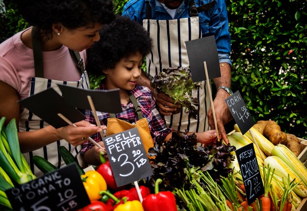 Little Boy, der Gemüse am Markt verkauft