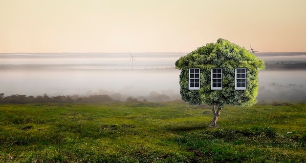 Little Eco House auf dem Konzept des grünen Grases. Gemischte Medien