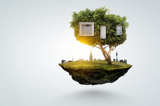 Little Eco House en el concepto de hierba verde. Técnica mixta
