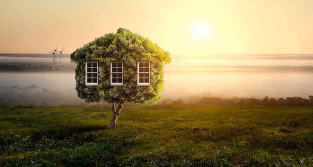 Foto little eco house no conceito de grama verde. mídia mista