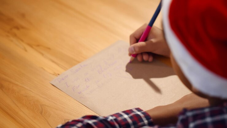 LittleAfricanAmerican boy en santa hat escribiendo una carta para santa en la víspera de navidad