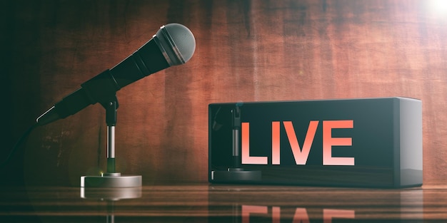 LIVE auf einer Blackbox und einem Mikrofon auf einem Holztisch 3D-Illustration